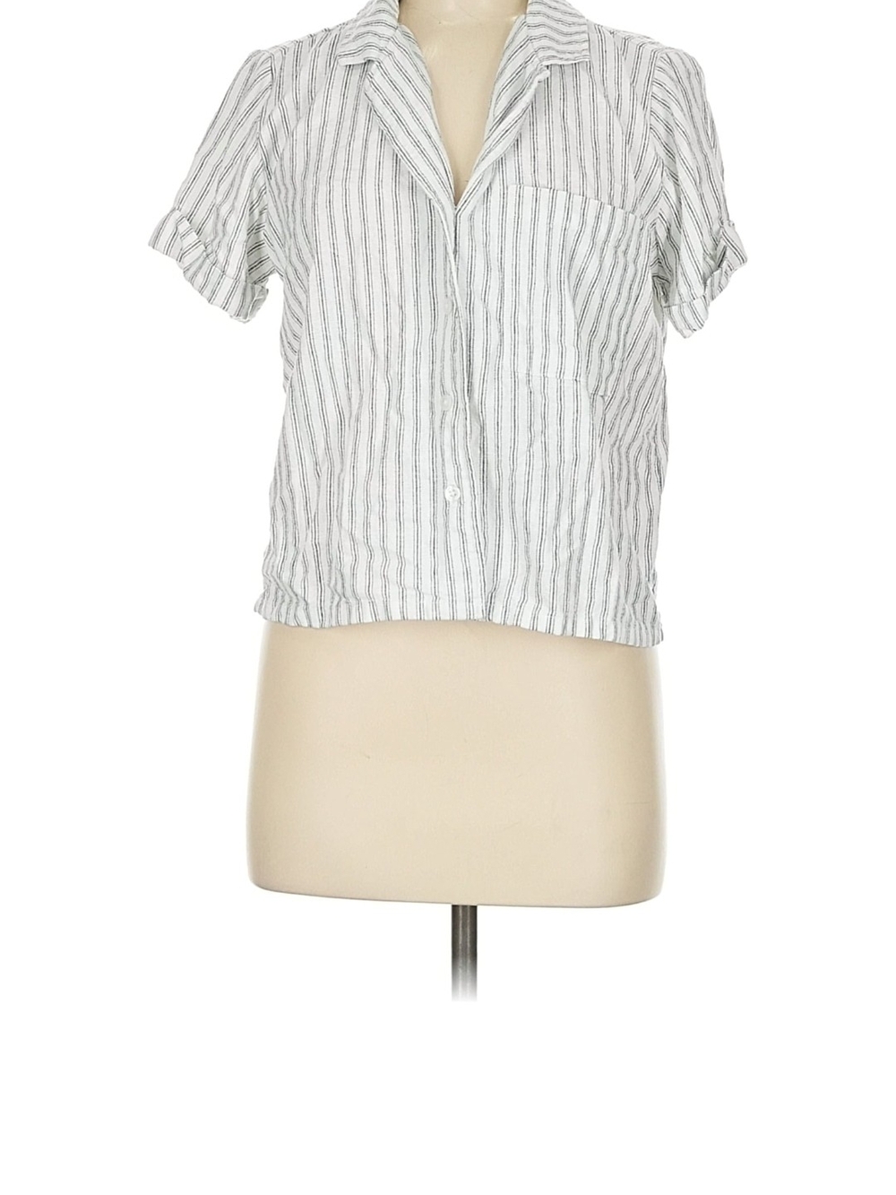 Banana Republic White and Gray Striped Short-Sleeve Button Top